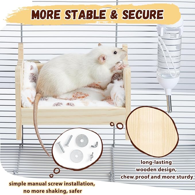 Wooden Rat Bed, Rat Hammock for Cage Chew Proof, Pet Rats Cage Accessories Hanging Bed, Safe and Cozy Rodent Hammock with Removable Nest Mat for Small Animal Hamsters Mice Sleeping