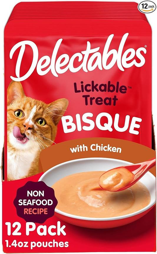 Delectables Lickable Treat Bisque Non-Seafood Wet Cat Treat with Real Chicken, Food Topper, Hydrating, Grain-Free, No Fillers, By-Products, Added Preservatives, 1.4oz Pouch, 12ct
