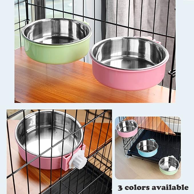 Love Dream Crate Dog Cat Bowl, Removable Stainless Steel Hanging Pet Cage, Food Water Feeder with Bolt for Puppy Birds 2 Pack with Silicone Sponge Dish Brush