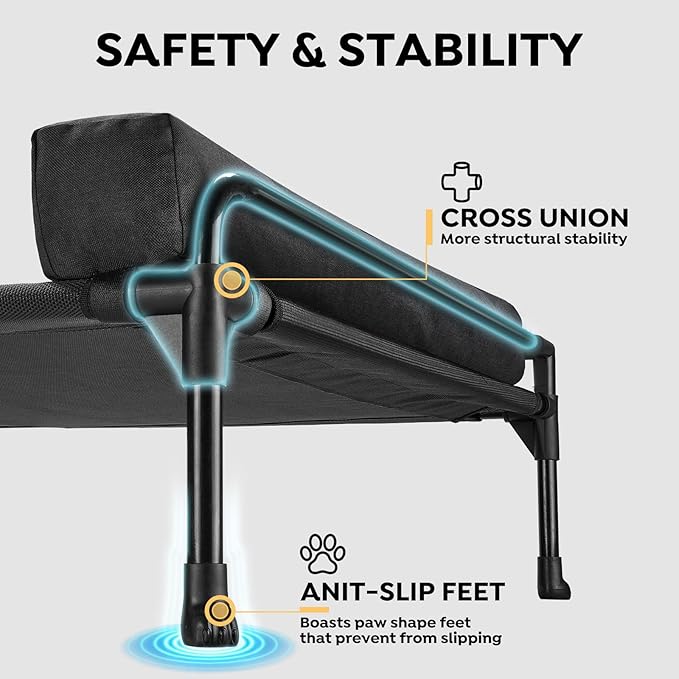 Veehoo Elevated Raised Dog Bed-Cooling Outdoor Dog Cot Bed for Large Sized Dogs Three-Sided Fence Raised Pet Cot with Mesh & No-Slip Feet Dog Hammock Bed with Removable Bolster-35 x 22" Black