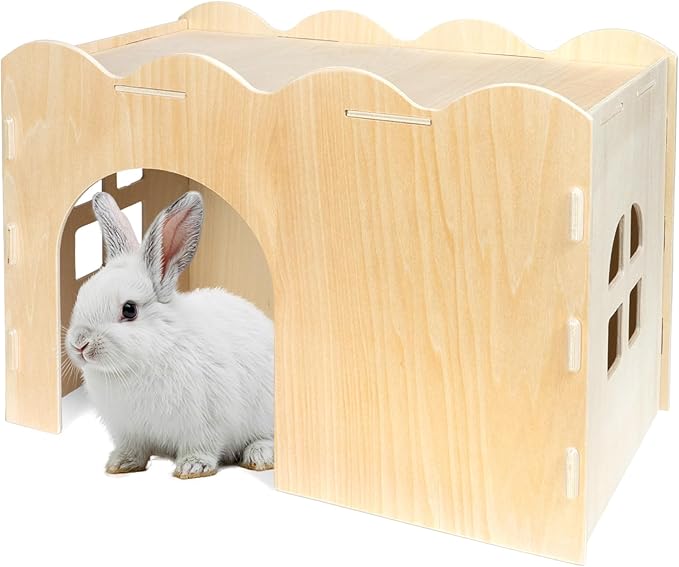 Bifeaw Rabbit Hideout, Natural Wooden Chew Proof Hideaway Hut for Small Pets (Rabbit)