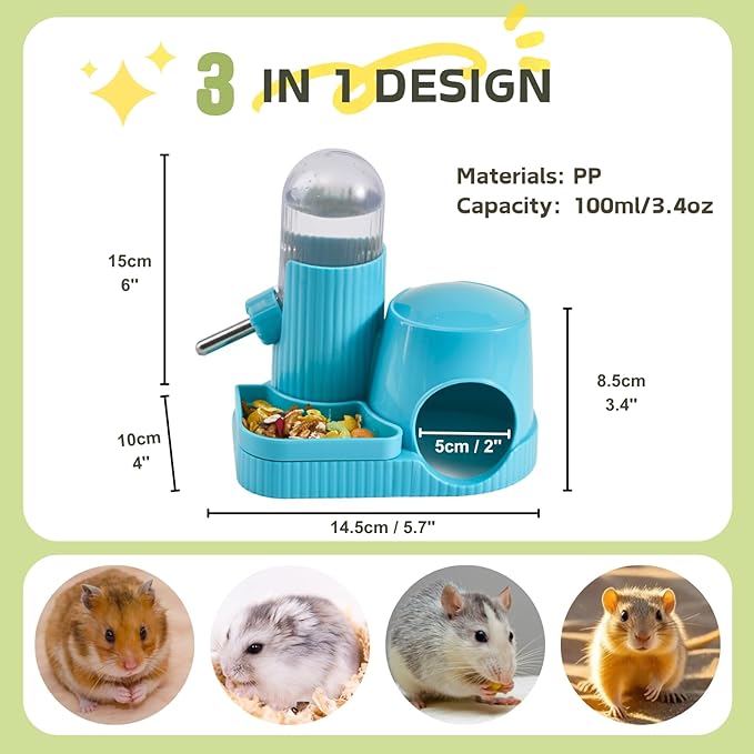 3 in 1 Hamster Water Bottle No Drip Automatic Leakproof Dispenser with Food Container and Hideout Base for Gerbil Rat Dwarf Hamster Mouse (Blue, 3.4oz)