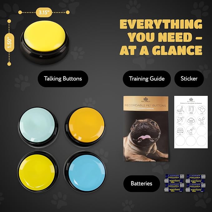 KUL KING'S Waterproof & Non-Slip Dog Talking Buttons - 4 Recordable Buttons with Batteries, Stickers, Training Guide - Talking Dog Buttons for Communication