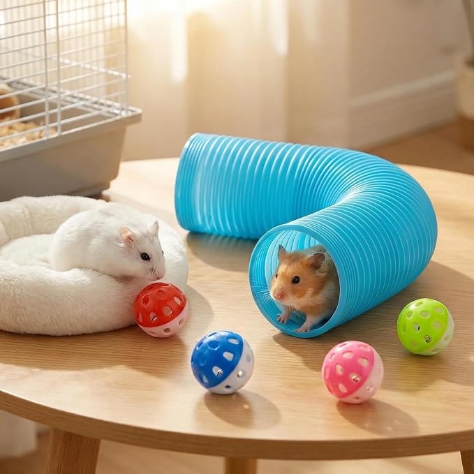 Hamster Collapsible Tunnel Tube Toys with 4 Bell Balls, Expandable Small Animal Hideout Exercise Toy 7.8inch Unextended 32.7inch Extended for Guinea Pig Gerbil Rat Ferret (Blue)