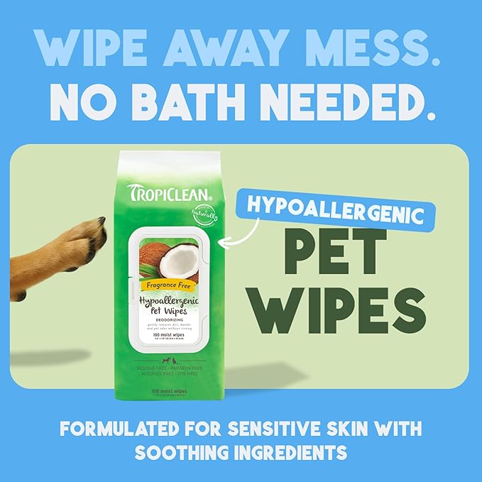 TropiClean Hypoallergenic Dog Wipes for Paws and Bottom | Fragrance Free Dog Grooming Wipes | Safe for The Face | Puppy & Cat Friendly | 400 Count