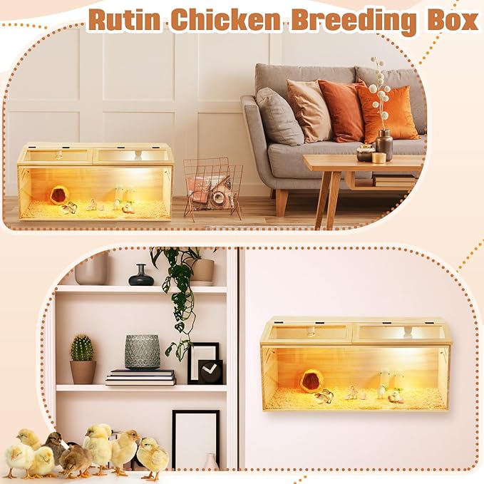 CroBlissful 32 x 16 x 16 in Brooder Box for Chicken Quails Stand Sliding Door, Bulb Set and Feeder, Indoor Chicks Coop Brooder Box Kit, for Ducks, Hamsters, Lizards, Mice, Rat(No Legs, Wooden)