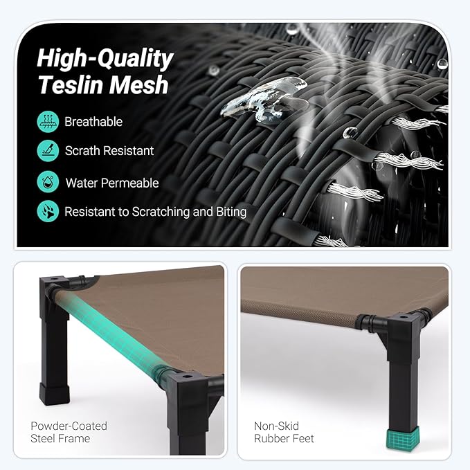 Niubya Elevated Outdoor Dog Bed, Cooling Elevated Pet Cot, Steel-Framed and Non-Slip Feet, Raised Dog Bed with Waterproof, Washable, Breathable Teslin Mesh, 35in