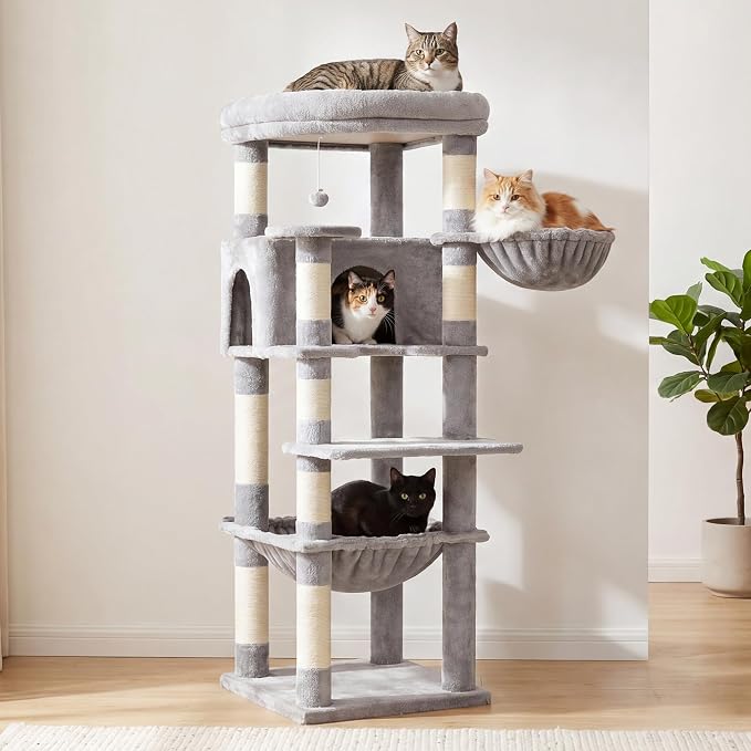 Heybly Cat Tree, 53.1-Inch Corner Stable Cat Tower for Large Indoor Cats, Well-Structured Interactive Cat Condo with Fan-Shaped Top Perch, Cozy Condo, Sturdy Base, Basket & Hammock,Light Gray HCT029W