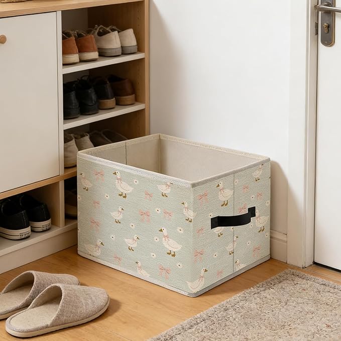 Pink Bow Floral Goose Storage Bins, Goose Nursery Decor, Cute Geese Foldable Closet Organizers Storage Basket Toybox for Kids Toddler Teens Playroom Bedroom Clothes Bed Sheets Blankets Toys