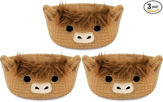 3 Pack Small Highland Cute Cow Storage Baskets for Organizing,Woven Decorative Gift Basket, Nursery Shelves Rope Cotton Storage Bins for Gifts Empty, Mini Burr Baby Shower with Handles,7 IN