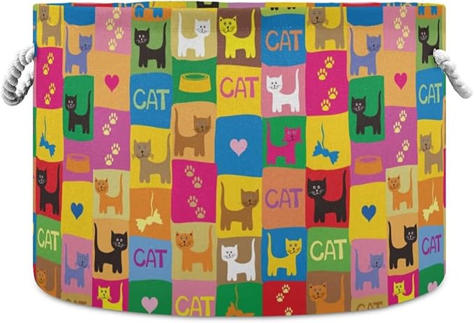 Colorful Cat Print Round Storage Basket Pet Kitten Paild Large Laundry Hamper 20 x 20 x 14 Inches Organizer Bin with Cotton Rope Handles Clothes Storage Bag for Nursery Bedroom Living Room Decor