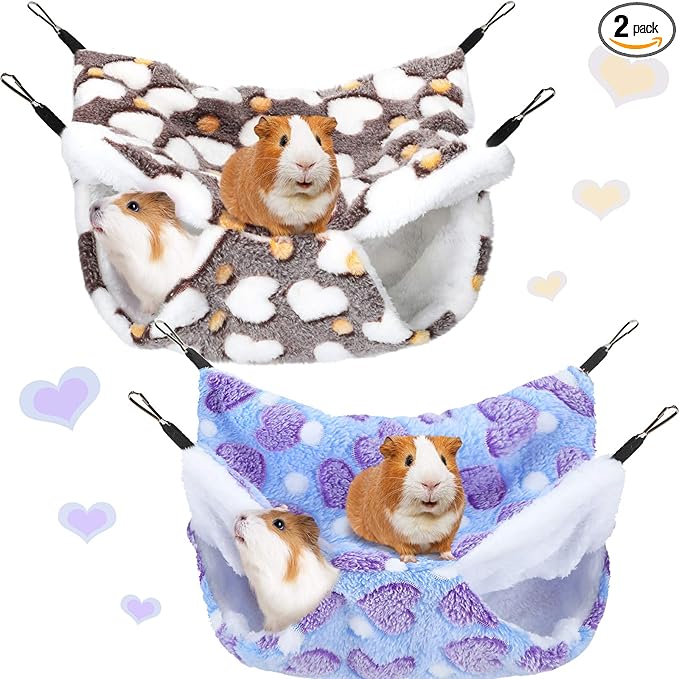 BOAO 2 Pcs Guineas Pig Rat Hammock Guinea Pig Hamster Ferret Hanging Hammock Guinea Pigs Accessories for Small Animals Chinchilla Parrot Sugar Glider Ferret Squirrel(Purple, Coffee,Heart Pattern)