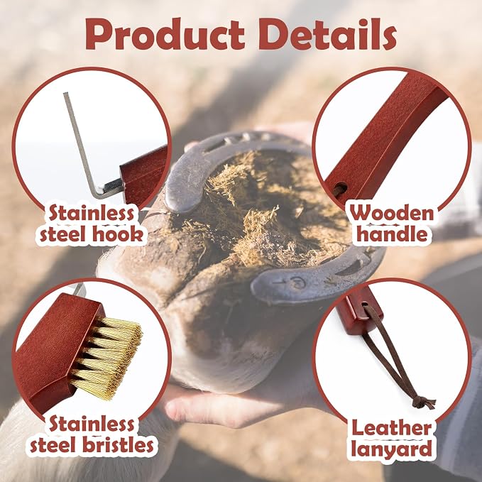 Shinylin Horse Hoof Pick with Brass Wire Brush and Wooden Grip Farrier Tool Hoof Pick Supplies for Horse Cleaning and Grooming