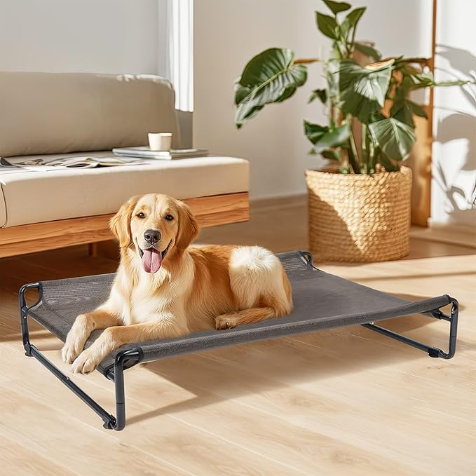 Veehoo Outdoor Elevated Dog Bed,Raised Dog Beds for Large Dogs, Washable Dog Cot with Headrest Sides, Non-Skid Feet, Breathable Mesh, Cooling Pet Hammock for Indoor or Camping, 42", Brown