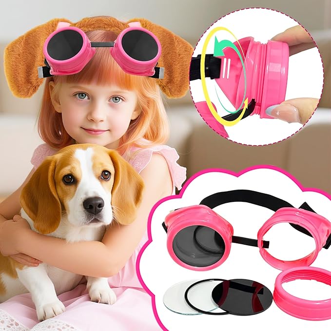 Dog Ear Headband Pink Steampunk Goggles,Halloween Brown Dogs Ears Headbands Paw Themed Costume Accessories for Women,Girls Cosplay Party Decorations