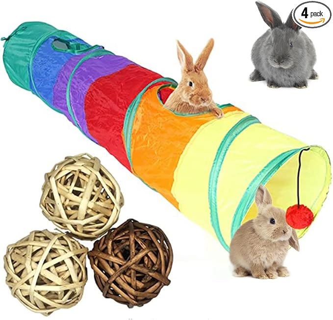 Tfwadmx Bunny Hideout, Rabbit Tunnels and Tubes, 3 Pack of Grass Balls 9.8'' Collapsible Rabbit Hideout Tunnel with Chew Toys for Chinchillas Ferrets Guinea Pigs Gerbils Hamsters Rats