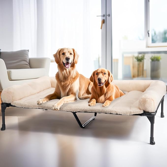 Veehoo Orthopedic Elevated Dog Bed with Fluffy Plush Bolster Cushion, Indoor Raised Dog Beds for Large Dogs, Soft Pet Sofa Cot with Removable Washable Mat, No-Slip Feet, 59 x 37 inches, Cream White