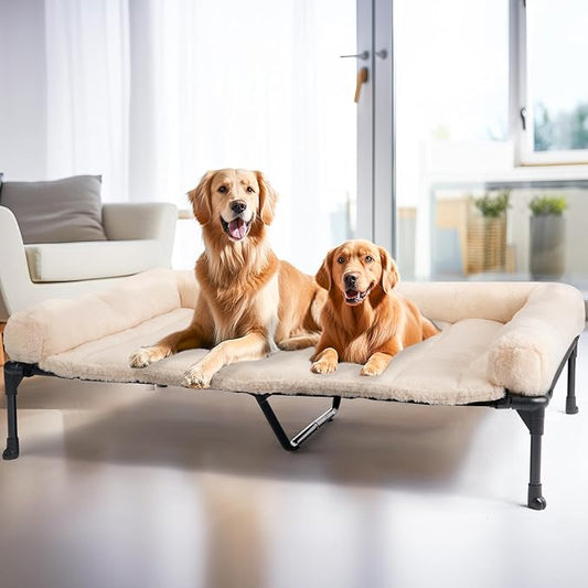 Veehoo Orthopedic Elevated Dog Bed with Fluffy Plush Bolster Cushion, Indoor Raised Dog Beds for Large Dogs, Soft Pet Sofa Cot with Removable Washable Mat, No-Slip Feet, 59 x 37 inches, Cream White