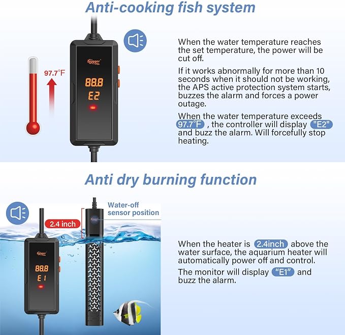 hygger 500w Aquarium Heater, Submersible Fish Tank Heater with Digital LED Controller and Intelligent Leaving Water Automatically Stop Heating System,for 75-130 Gallon Tanks