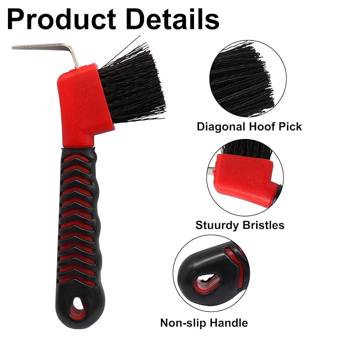Hoof Pick Brushes, Soft Touch Rubber Handle Portable Hoofpick, Stiff Hoof Pick for Horse Care, Groomers (Red)
