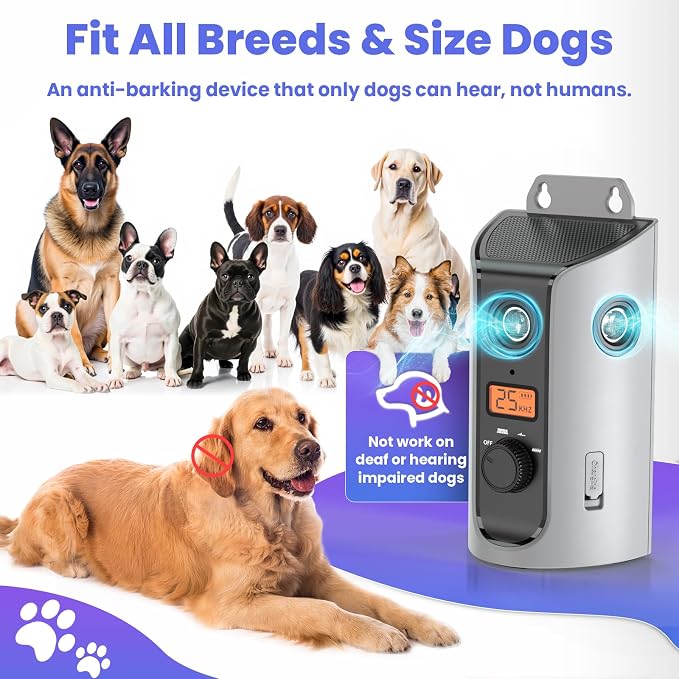 Anti Barking Device, 50FT Solar Charging Dog Barking Deterrent Device, Tri-Directional Ultrasonic Stop Dog Barking Device, Barking Control Device for Indoor Outdoor