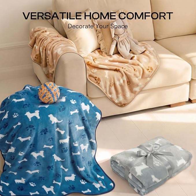 Luciphia 3 Pack Dog Blankets, Soft Fleece Puppy Blanket with Cute Bone Print, Cozy Pet Throw Blanket for Crate Couch Bed Travel, Machine Washable, Blue/Grey/Khaki,23x16