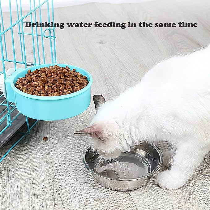 Love Dream Crate Dog Cat Bowls, Removable Stainless Steel Hanging Pet Cage Bowls for Kennel, Water Food Feeder Cage Coop Cup for Cats, Dogs, Rabbits and Small Animals (Large, Blue)