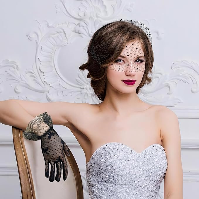 Birdcage Veil, Black Fascinator Veils for Women Face Veil with Black Lace Gloves for Wedding Cocktail Party Girls Birthday Women Clothing Accessories