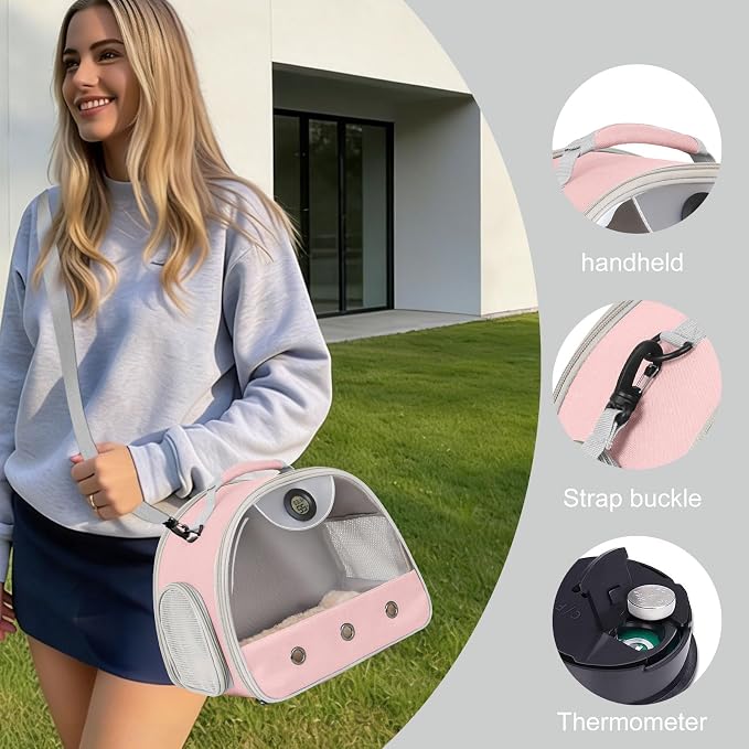 Bearded Dragon Travel Backpack Carrier with Reptile Thermometer and Humidity Gauge Lizard Travel Cage Space Capsule Clear Bubble Window Astronaut Reptile Bag for Ball Python (Pink, Carrier+I LSH)