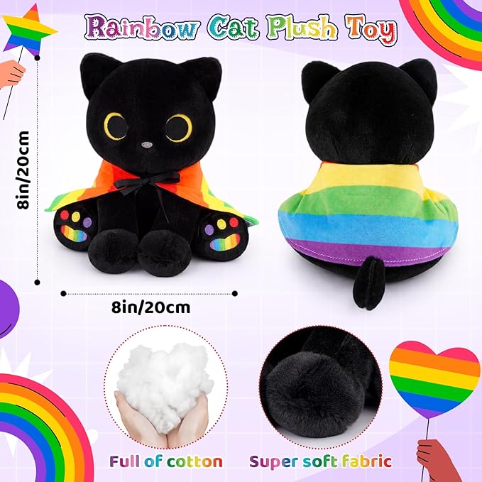 Black Cat Plush - 8" Cute Cat Stuffed Animal with Removable Rainbow Cape & Colorful Paws, Huggable Kawaii LGBTQ+ Gift for Friends, Lovers & Allies, Pride Month Decor