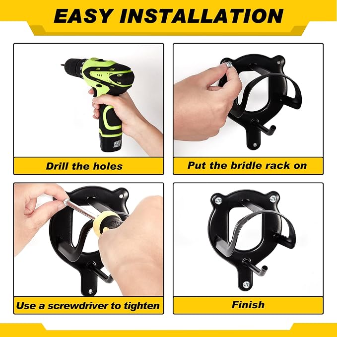 Dunzy 3 Counts Horse Bridle Rack Bracket Bridle Hooks Tack Storage Halter Hanger Metal Holder with Tubes and Screw for Horse Barn Supplies(Black)
