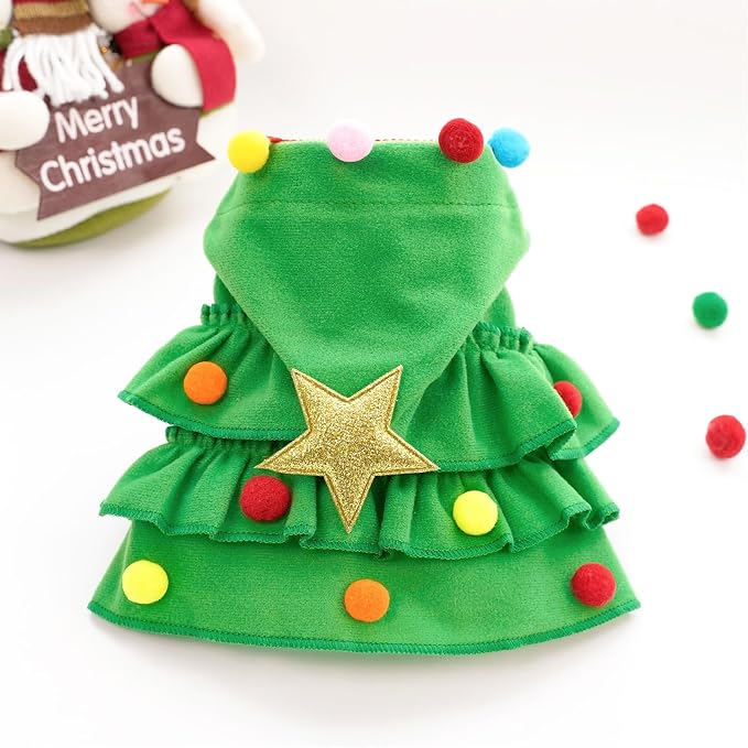 Vellibring Cat Christmas Outfit Green Pet Cloak with Hat with Star and Pompoms Puppy Cape Clothes Xmas Tree Elf Costumes Party Pet Supplies Accessories for Small Dogs Cats Pet Santa Presents