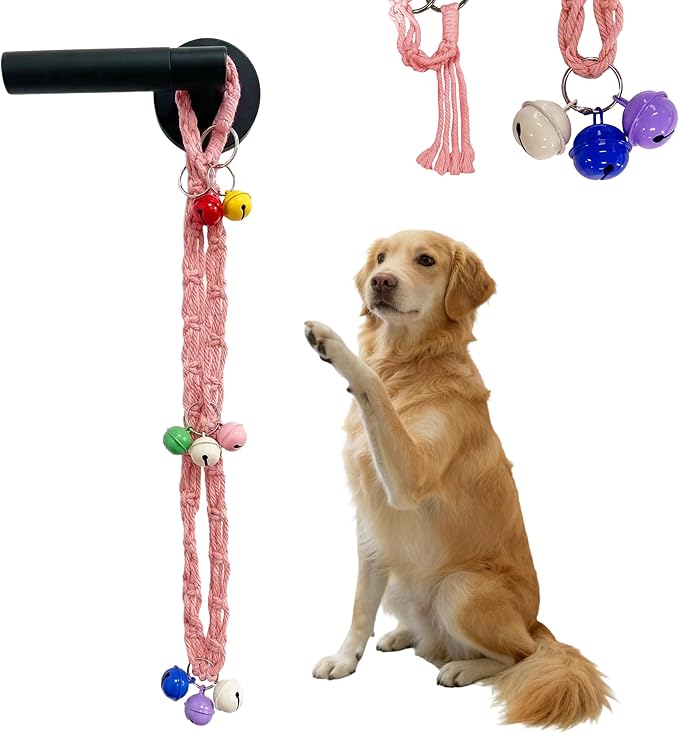 Dog Door Bell for Potty Training, Adjustable Dog Bells to Go Outside with Removable Bells Ring, Handmade Twisted Rope Puppy Training Bell (Pink)