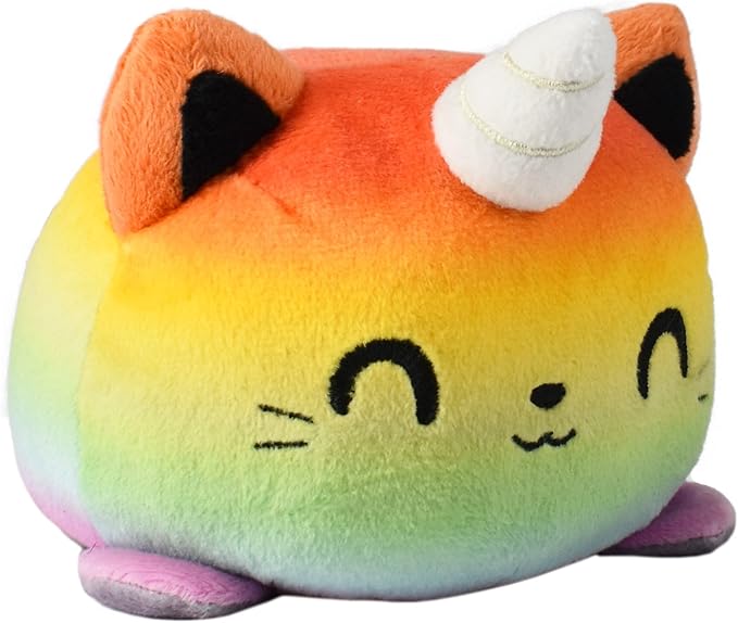 TeeTurtle Reversible Cat/Kittencorn Plushie 4-Inch Gray Tabby/Rainbow Two-Sided Flip Plush Toy with Embroidered Details - Cute Mini Collectible Plush for Kids, Teens, and Adults