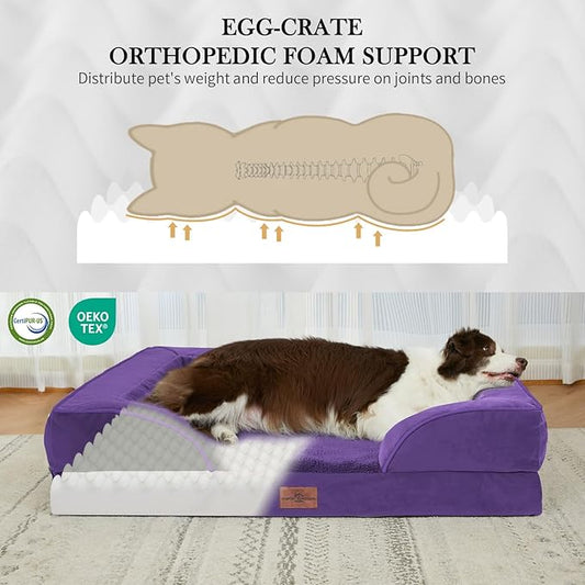 Comfort Expression Orthopedic Dog Bed for Medium Dogs 30x20 Inch, Waterproof Egg Crate Foam Medium Pet Bed with Removable Bolsters, Dog Couch with Washable Cover & Non-Slip Bottom, Deep Purple