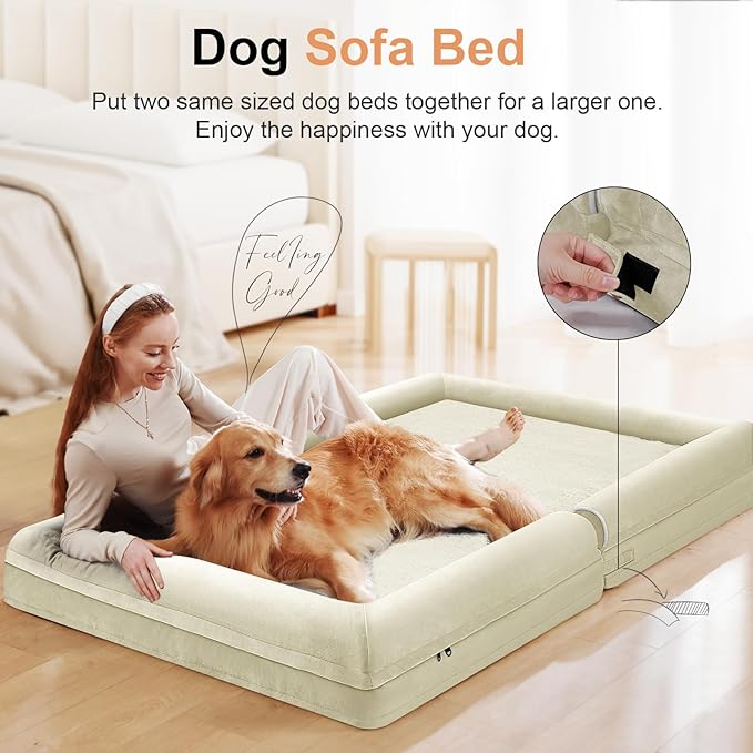 NANUYA Orthopedic Dog Bed for Large Dogs, 38 x 25 Inch, Beige | Egg crate foam for joint support, 3-sided bolster pet sofa, waterproof lining, washable cover, and non-skid base