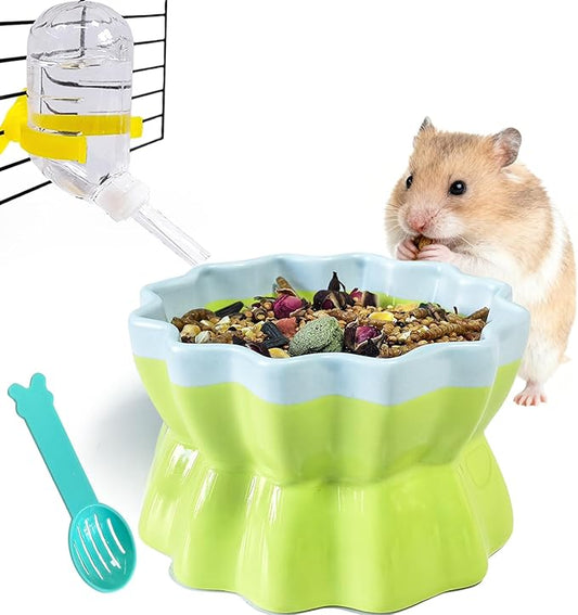 Ceramic Hamster Food Bowl Elevated Hamster Bowl Non-Tip Rat Feeding Dish with Water Bottle for Dwarf Gerbil Mouse Mice Sugar Glider (Green)