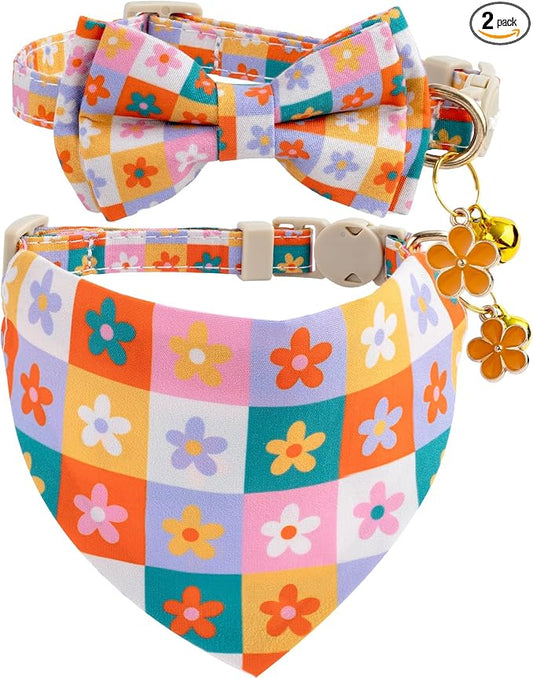 Faygarsle 2 Pack Floral Pattern Cat Collar Set with Bandana and Bow Tie, Breakaway Safety Buckle, Colorful Checkered Design