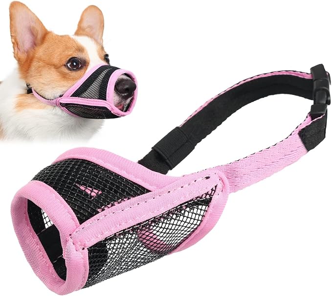 LUCKYPAW Dog Muzzle, Mesh Muzzle for Small Medium Dogs, Soft Mouth Cover to Prevent Biting Chewing, Drinkable Breathable Adjustable Puppy Mouth Guard(M, Pink)