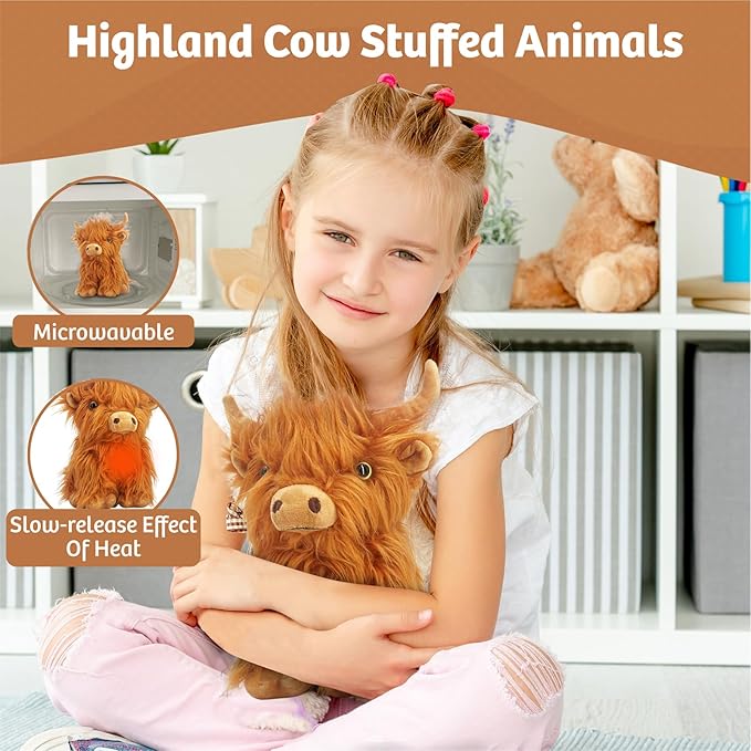 Marysun Microwavable Highland Cow Stuffed Animal Toy - Brown Stuffed Animal Gift for Girls and Kids, 9.8in, 1.65lb