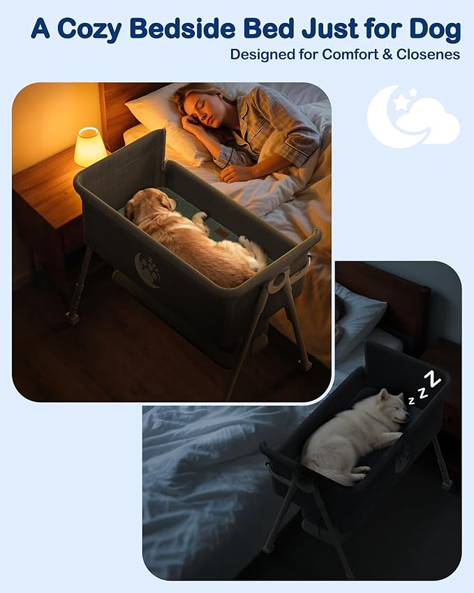 Bedside Dog Bed for Medium & Large Dogs, 4-Height Adjustable Pet Bassinet, Elevated Side-Sleeper Extension for High Human Bed, Washable Large Dog Couch with Auto-Braking Wheels(for Dogs Up to 77 lbs)