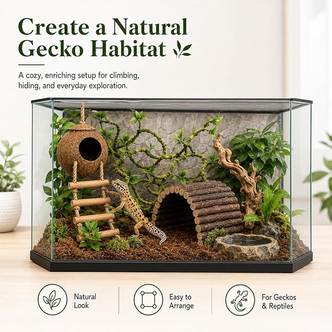 RUNANIA Crested Gecko Tank Accessories，Reptile Vines Plants with Coconut Shell Ladder Hideout Hermit Crab Decor for Leopard Gecko Lizard Chameleon Tortoise Snake Terrarium Decor