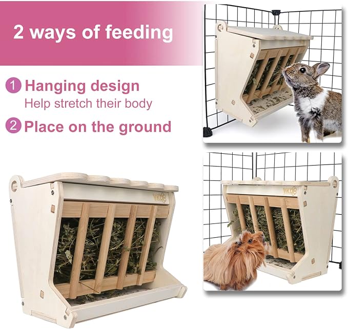Pet Wooden Hay Feeder for Rabbits, Guinea Pigs, and Chinchillas | Alfalfa Timothy Hay Dispenser, Less Wasted Small Animals Hay Manger (Hanging Large)