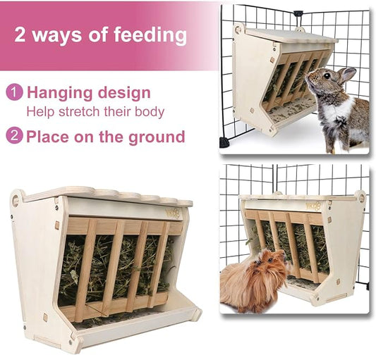 Pet Wooden Hay Feeder for Rabbits, Guinea Pigs, and Chinchillas | Alfalfa Timothy Hay Dispenser, Less Wasted Small Animals Hay Manger (Hanging Large)