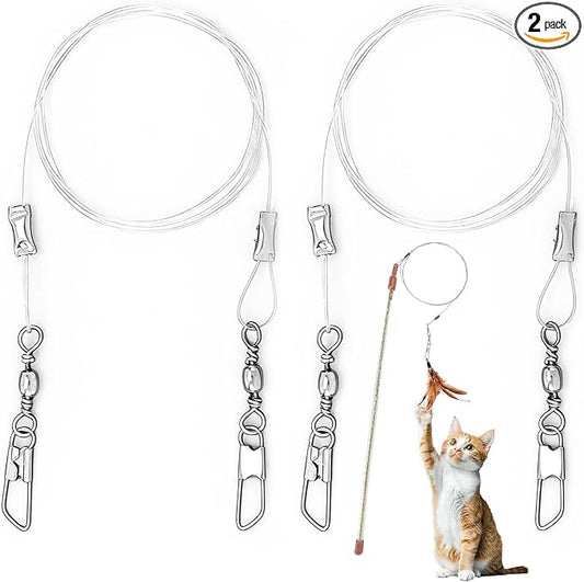 2pcs Cat Teaser Wand Refill String, 25.59 Inch Tough Replacement Strings Rod for Cat Wand, Clear Fishing Line Clasps Cat Dance Wires for Kitten Luring Pouncing Biting