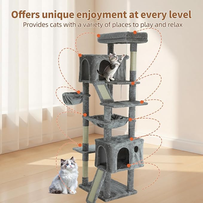68.9-inch (175cm) Multi-Level Cat Tree with 2 Scratching Boards, 2 Plush Beds, Hammock & Toy Ball for Indoor Cats(Grey)
