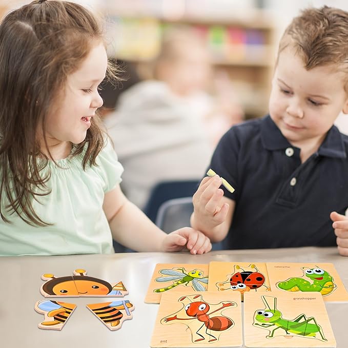 Faburo Wooden Puzzles for Toddlers 1-3, 8pcs Shapes, Insect Animal Themed Montessori Toys for 1 Year Old Learning, Educational Preschool Toys for Boys Girls