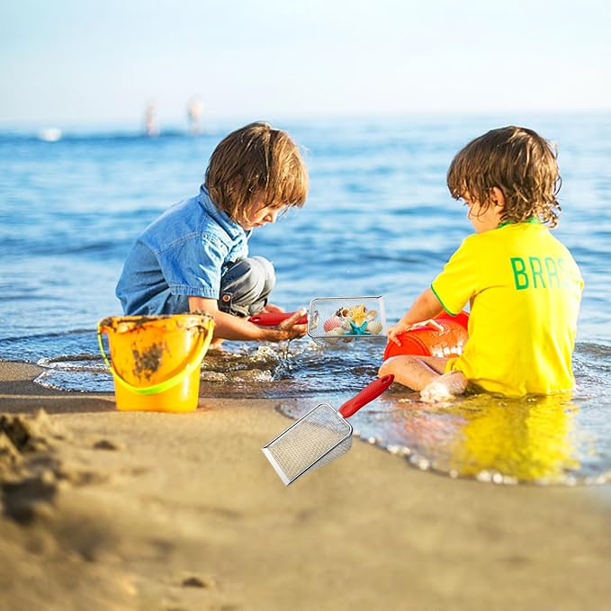 Beach Mesh Shovel,Sand Sifter Tool for Shell Collecting with Durable Mesh Net - Kids Sand Scoop for Picking Up Shells - Beach Toys (Red)