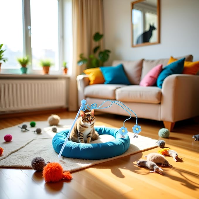 Cat Feather Stick Wand Toy,Cat Toys Teaser Wand with Feather Refills with Bell for Indoor Cats, Cat Toy Wand for Indoor and Kitten(Blue)