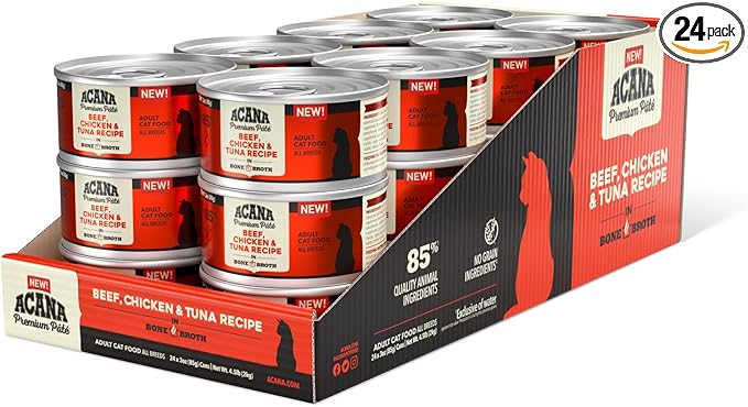 ACANA Premium Pate Wet Cat Food in Bone Broth Beef Chicken + Tuna Recipe 3oz Cans (24 count)